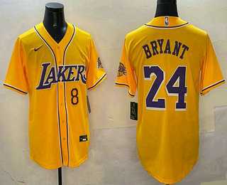 Men%27s Los Angeles Lakers #8 24 Kobe Bryant Yellow Purple With Patch Cool Base Stitched Baseball Jersey